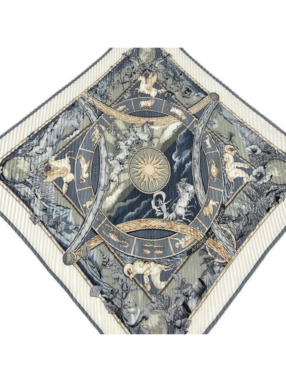 Hermes Scarf Pleats Carre Ivory Blue Multi Rythmes du Monde Silk